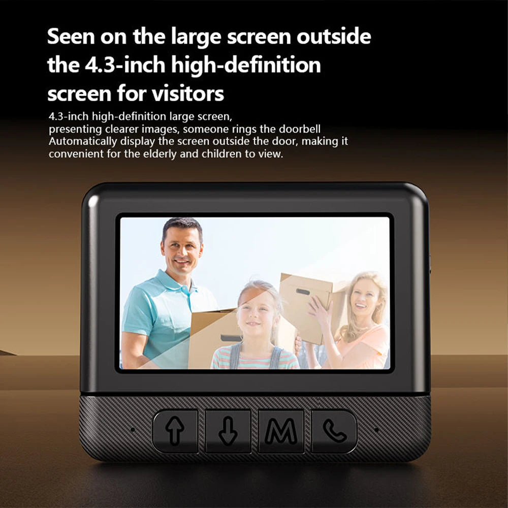 Black 4.3-inch smart video doorbell display showing a family, with textured control buttons at the base.