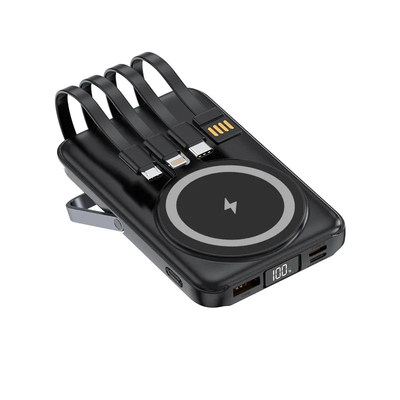 Black magnetic wireless power bank with integrated cables and a digital battery percentage display.