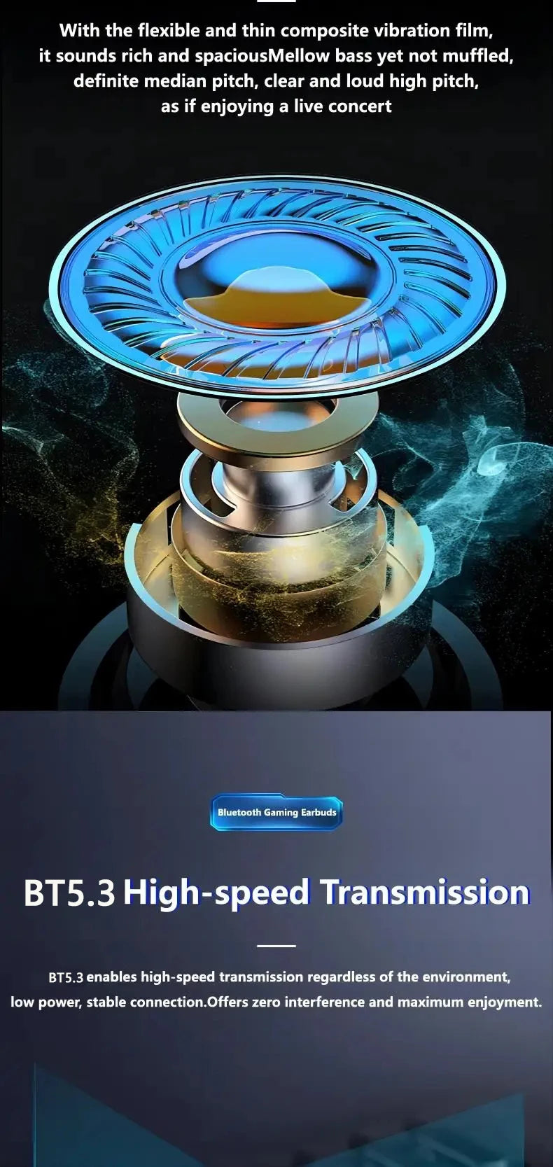 Exploded view of a gaming earbud speaker driver with a blue metallic diaphragm and tiered internal gold structure.