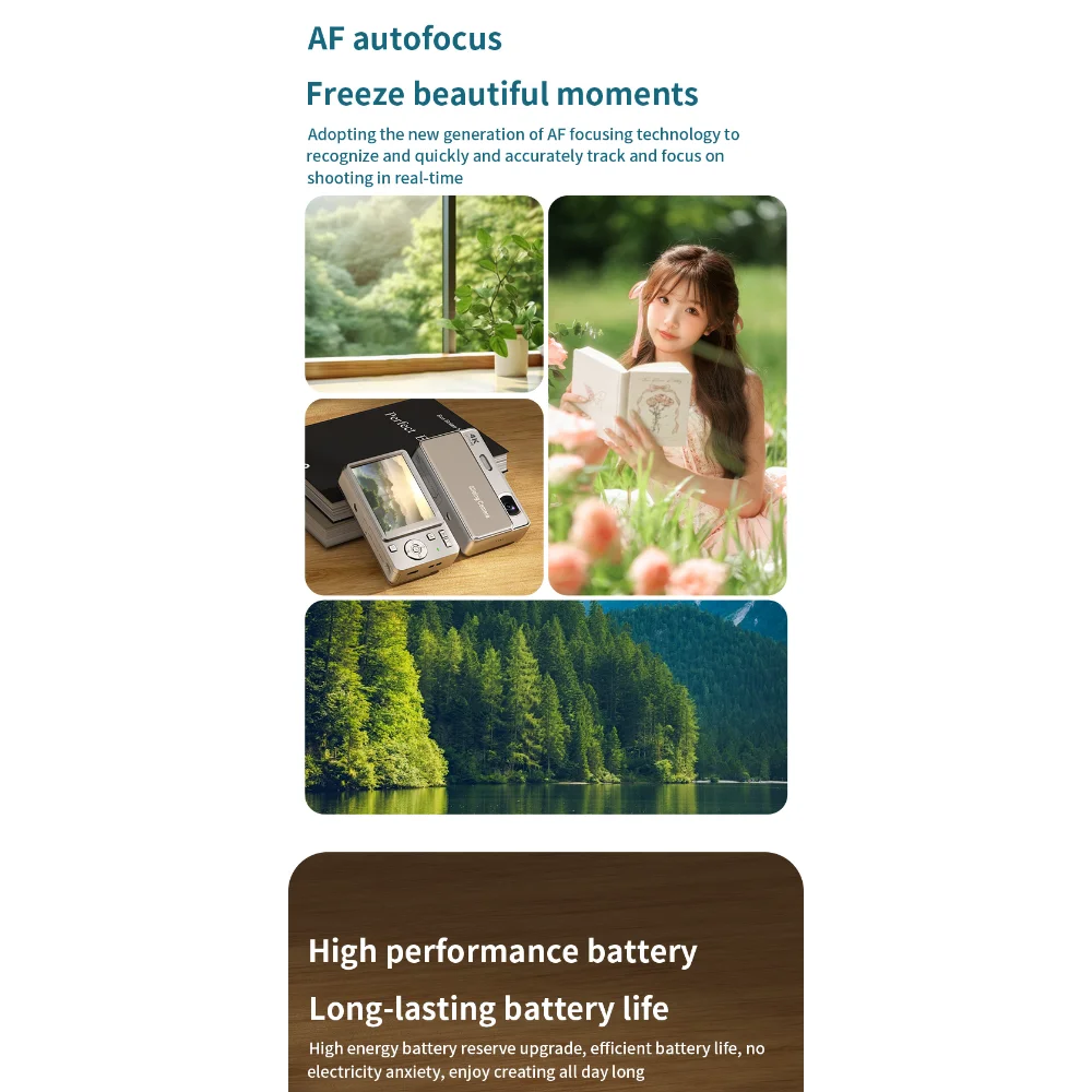 Silver digital camera with 4K autofocus display, shown in a product collage with nature and portrait photos.