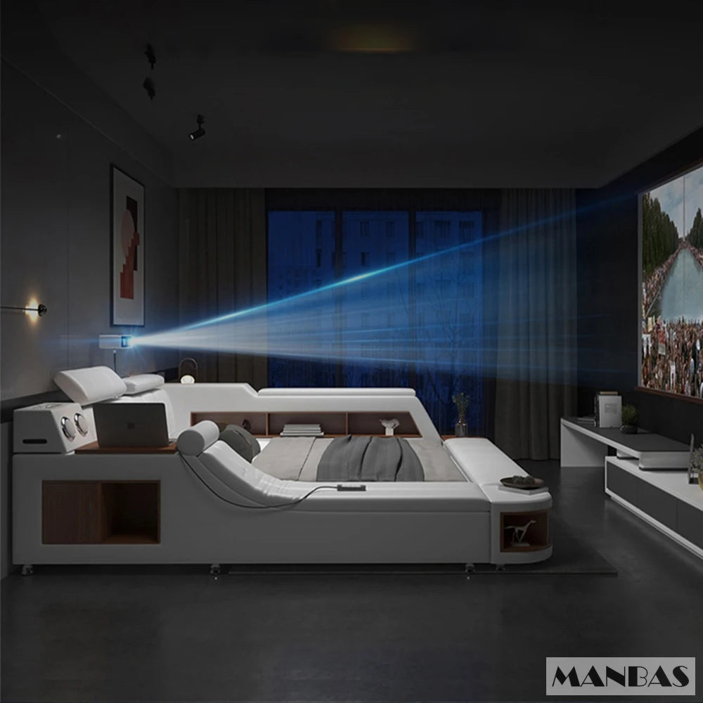 Luxury white leather smart bed with integrated storage, built-in speakers, and LED lighting in a modern bedroom.