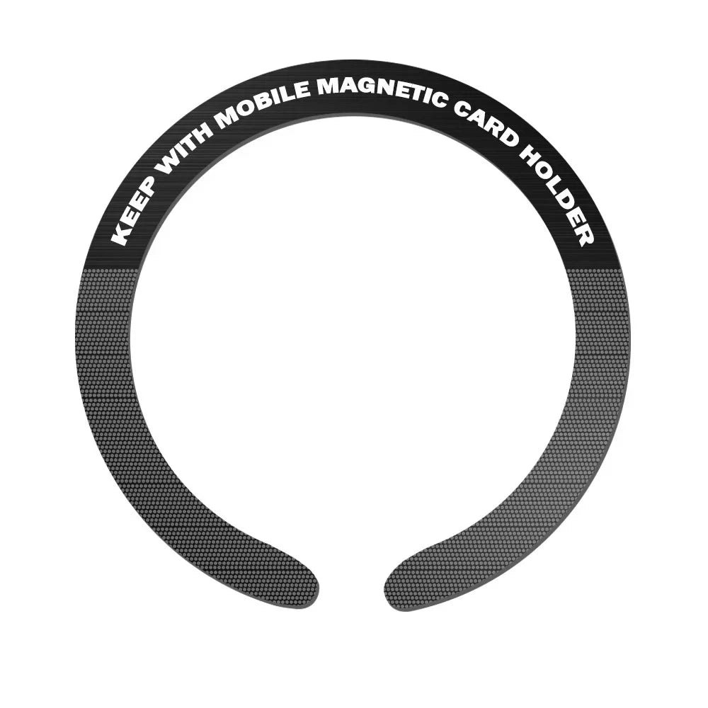 C-shaped grey mobile magnetic card holder with a textured dot pattern and white text on a black band.