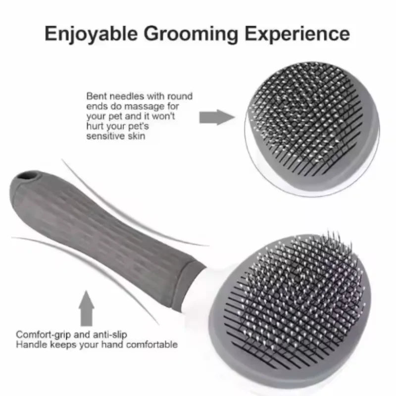 Grey and white pet grooming slicker brush with bent needle bristles and a non-slip, comfort-grip handle.