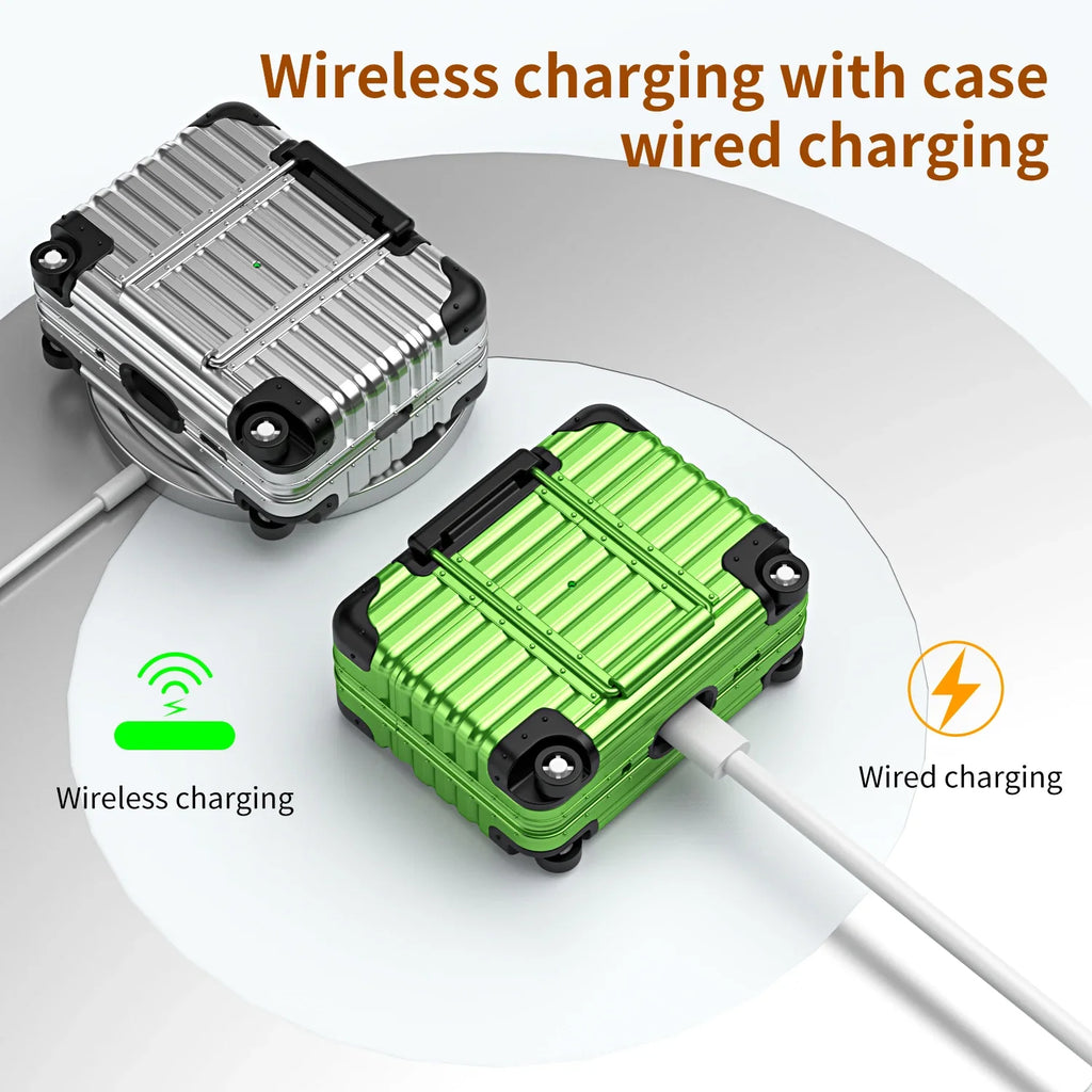 Silver and green hard-shell suitcase-style AirPods cases for wireless and wired charging.