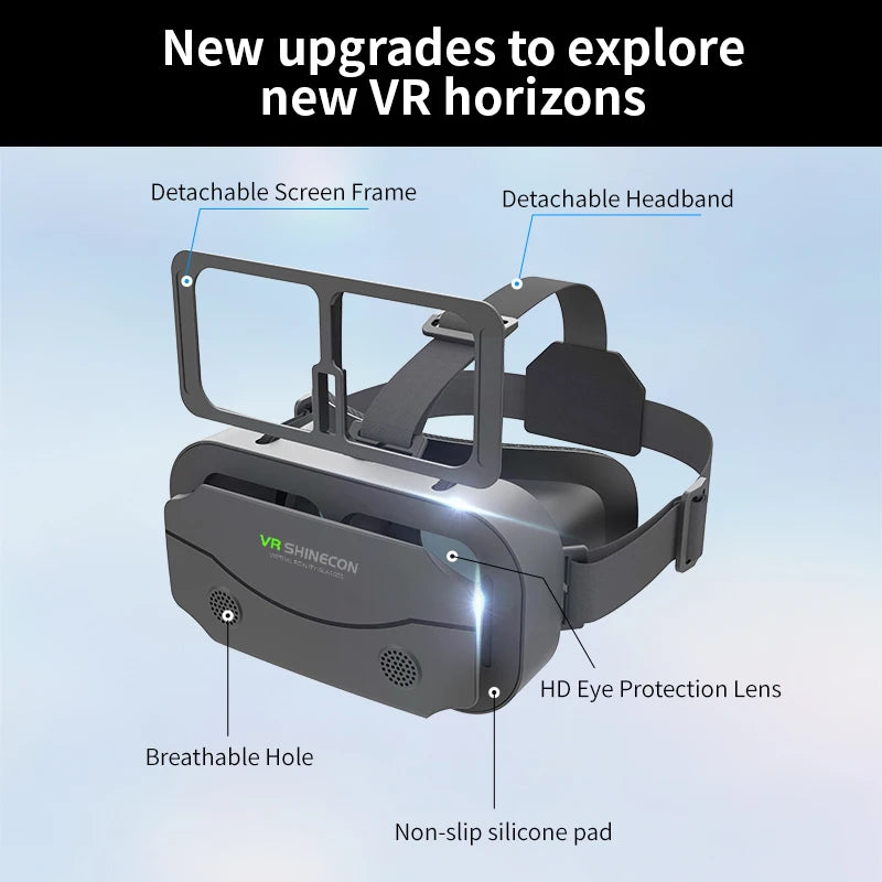 Dark grey VR headset with detachable screen frame, adjustable headband, and labeled ventilation holes.