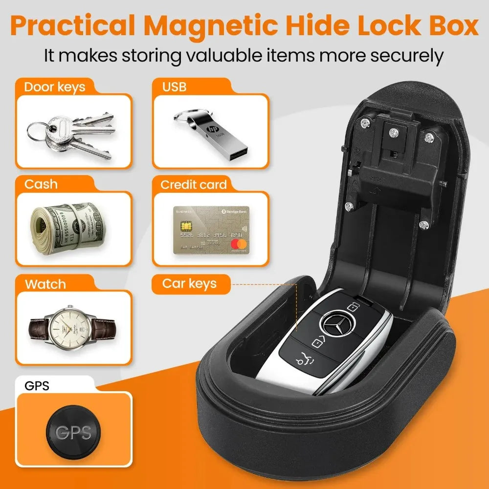 Black plastic magnetic hide-a-key lock box with a hinged lid, shown holding a car key fob.