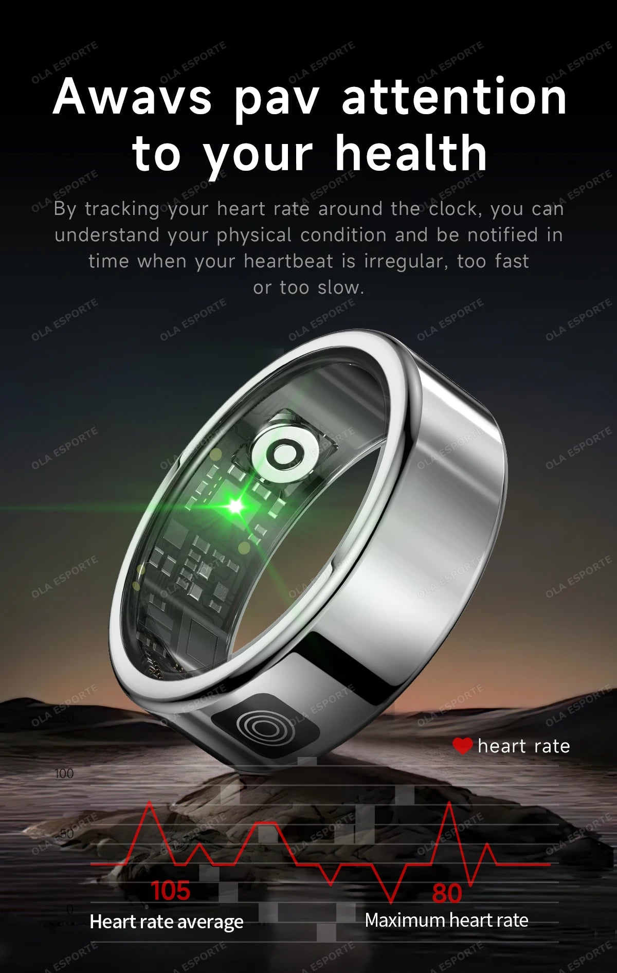 Sleek silver smart health ring with an internal green sensor light, featuring a heart rate monitoring data graphic.