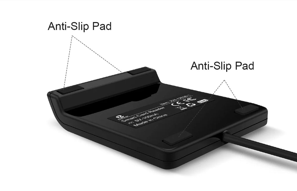 Black plastic smart card reader with an attached cord and rubber anti-slip pads on the underside.