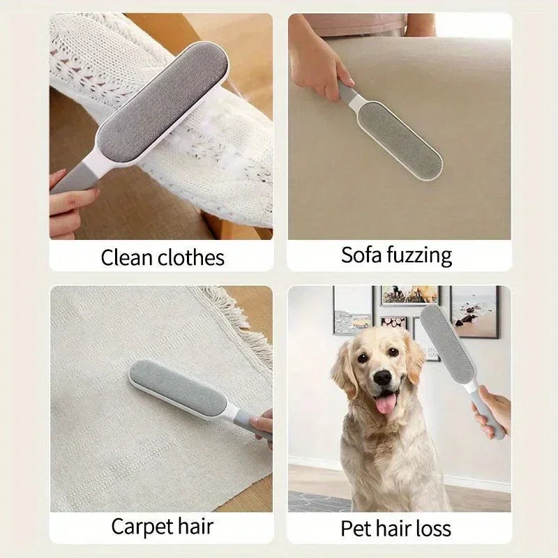 Grey and white handheld lint remover tool, shown cleaning clothes, sofas, carpets, and removing pet hair.