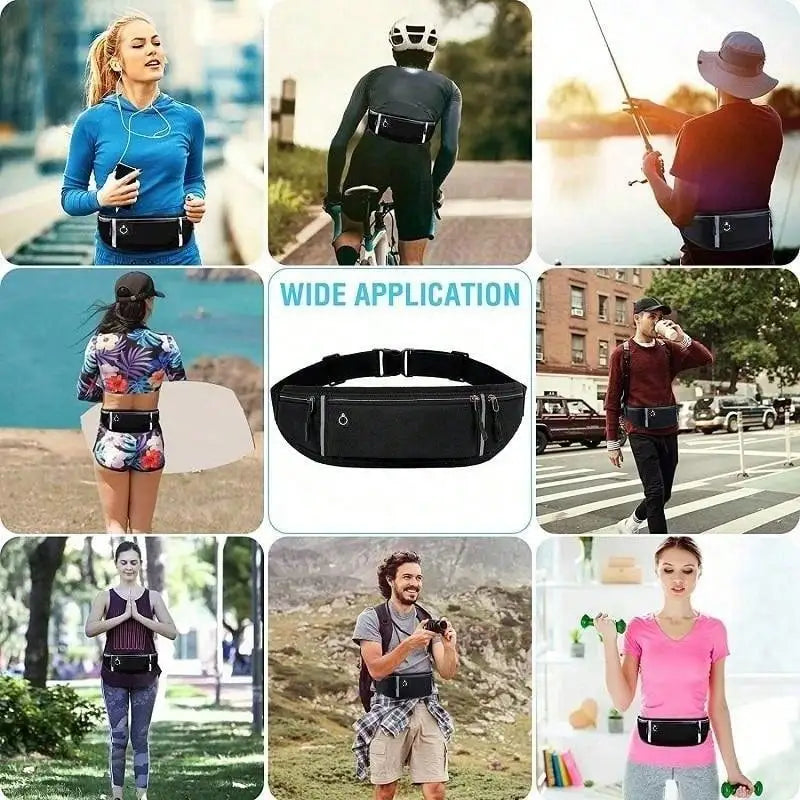 Collage showing people using a slim, black running belt with multiple pockets and an adjustable buckle strap.