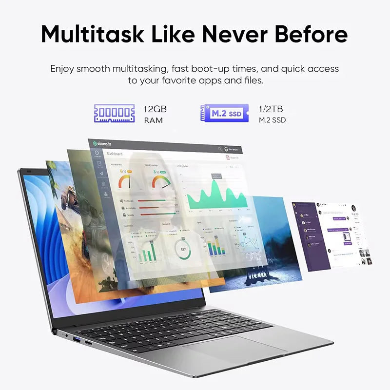Slim silver 14.1-inch laptop with a black keyboard, displaying multitasking windows on screen. 12GB RAM and 1TB SSD.