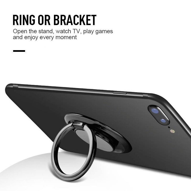 Black smartphone ring holder attached to the back of a black phone, acting as a convenient kickstand.