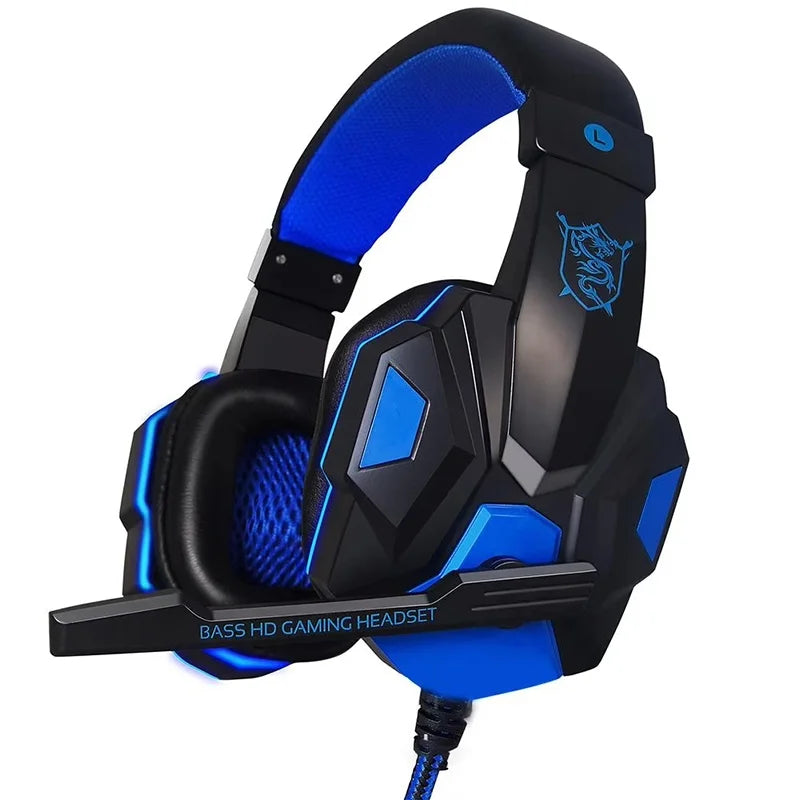 Black and blue wired gaming headset with cushioned ear pads, adjustable microphone, and a dragon logo design.