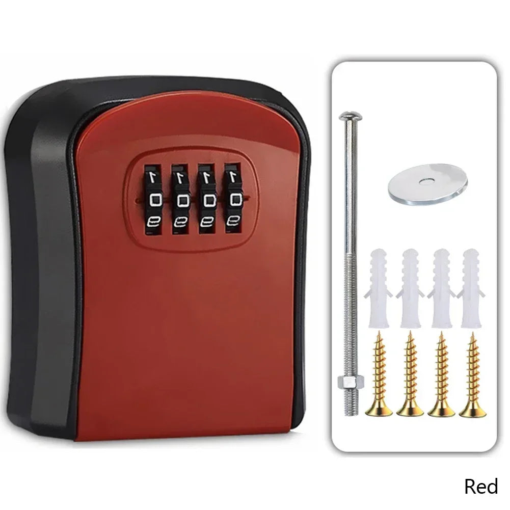 Red and black metal key lock box with a four-digit combination dial and included mounting screws and hardware.