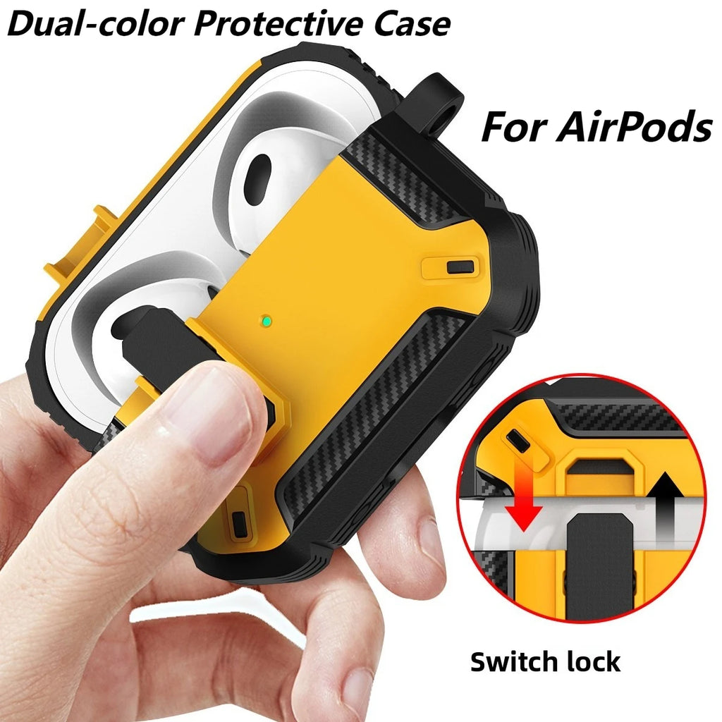 Rugged black and yellow carbon-fibre style protective case for Apple AirPods with secure locking switch.