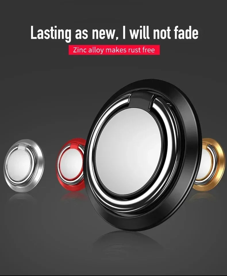 Four circular metal phone ring holders in black, silver, red, and gold displayed against a dark background.