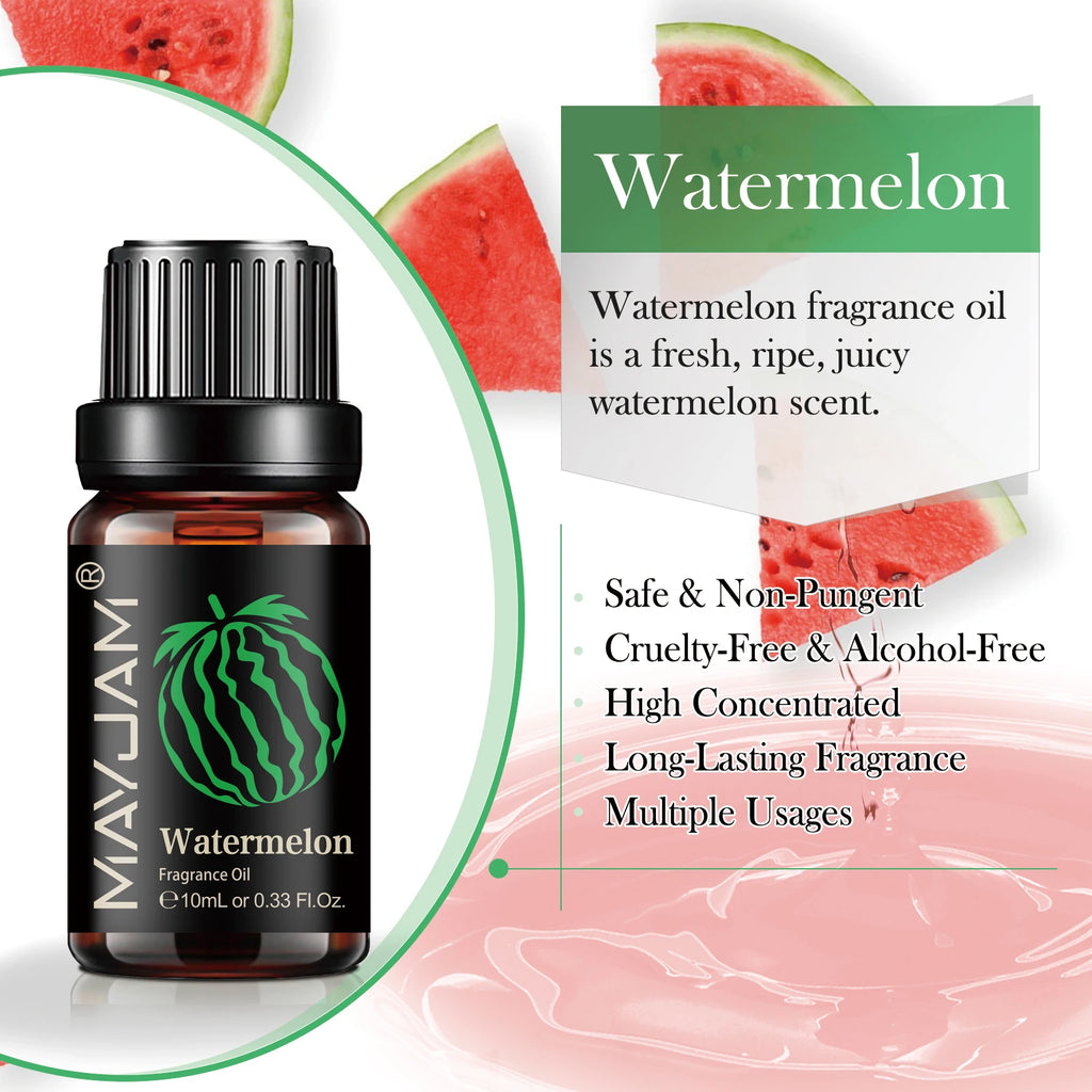 10ml brown glass bottle of watermelon fragrance oil, featuring a black cap and label with a green watermelon graphic.