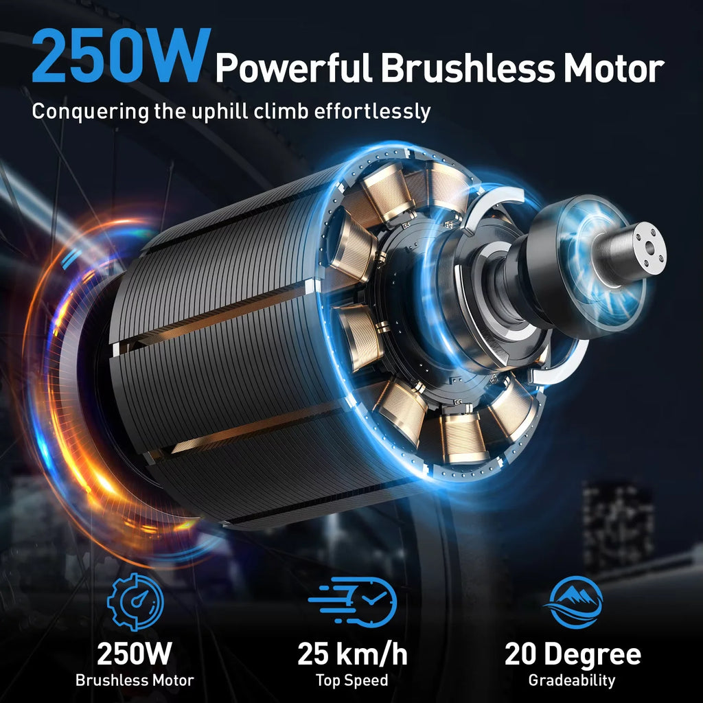 Aairsk GT300 e-bike 250W brushless motor showing internal copper windings, cylindrical form, and glowing light effects.