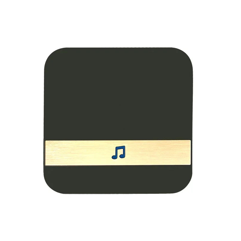 Square black smart doorbell with a gold horizontal strip and a blue musical note icon in the centre.