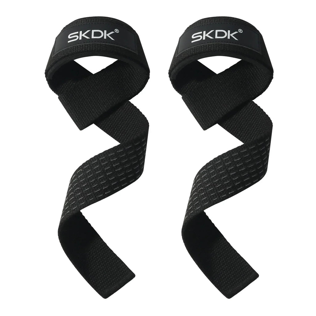 Pair of black SKDK weightlifting straps with padded wrist supports and textured grip.