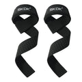 Pair of black SKDK weightlifting straps with padded wrist supports and textured grip.