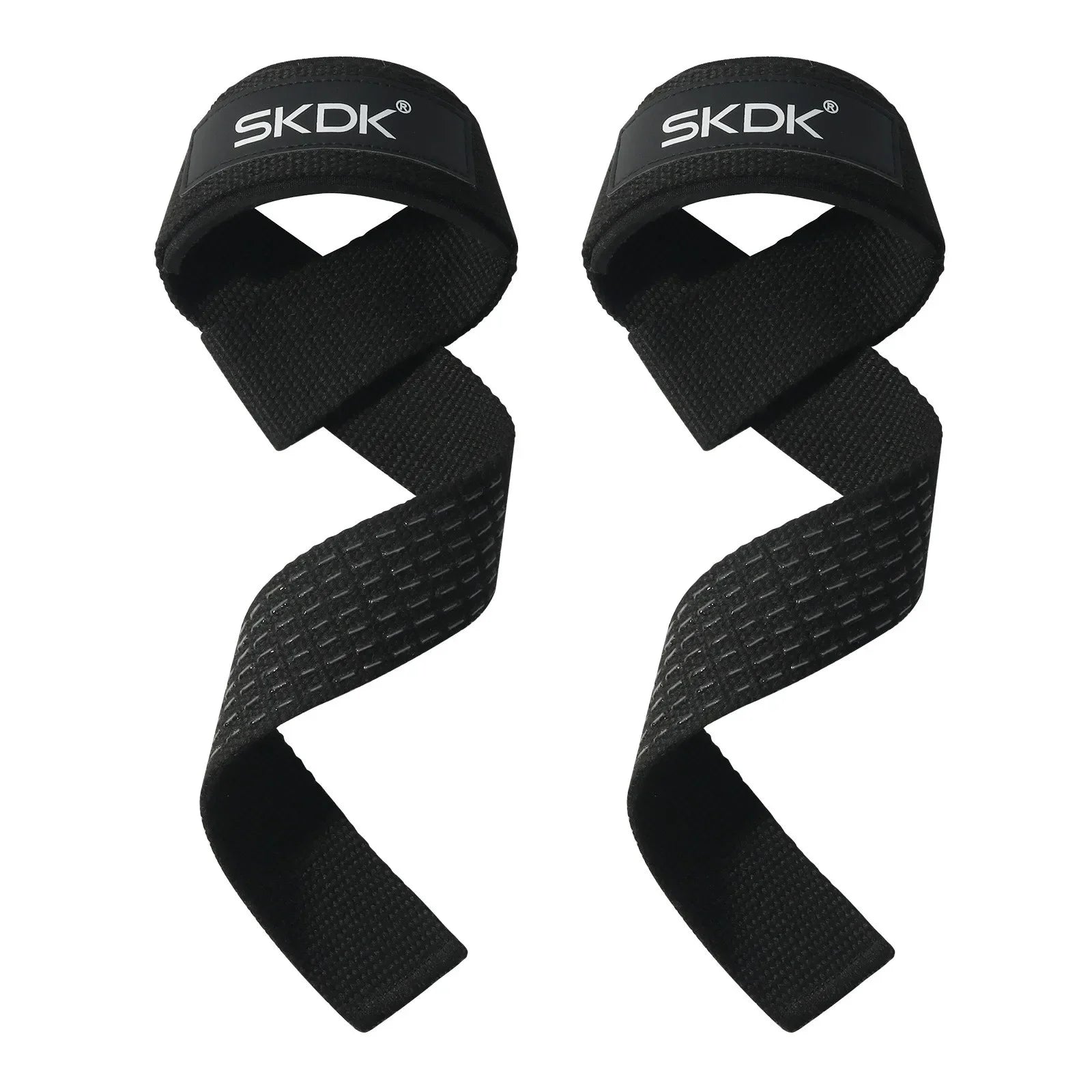 Pair of black SKDK weightlifting straps with padded wrist supports and textured grip.