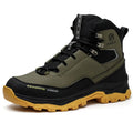 Olive green and black high-top safety work boot with a thick yellow lug sole and lace-up closure.