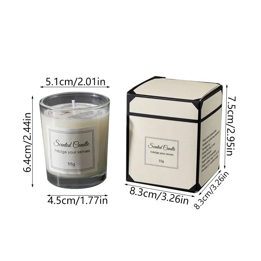 Small scented candle in a glass jar with matching gift box and dimension measurements displayed on a white background.