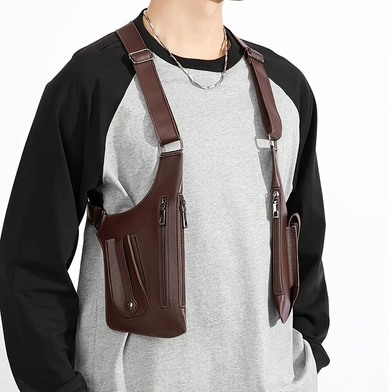 Brown faux-leather double-harness chest bag with multiple zipped compartments, worn over a grey and black top.
