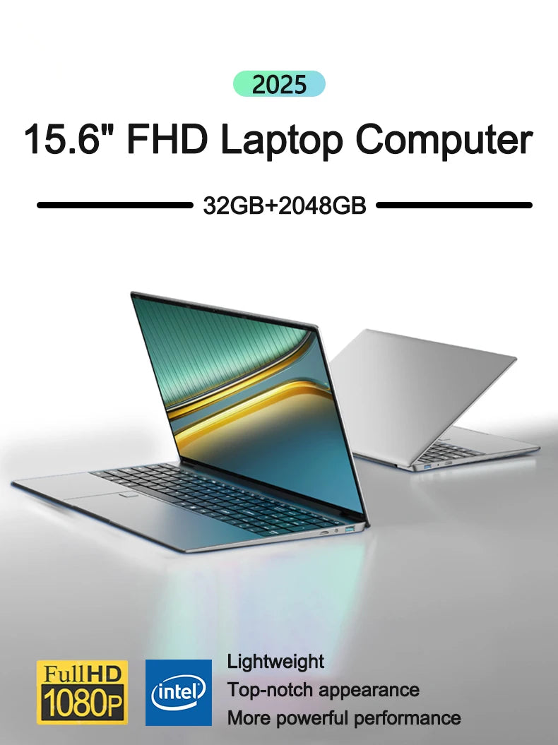 Sleek silver 15.6-inch laptop with a Full HD display, 32GB RAM, and 2TB SSD, showing open and closed profiles.