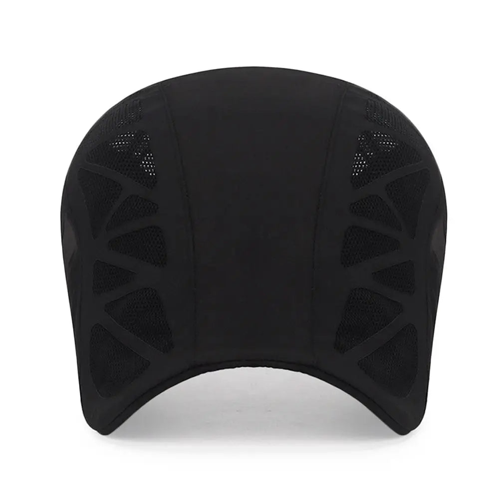 Black men's flat cap featuring geometric mesh ventilation panels for a lightweight, breathable, and modern style.