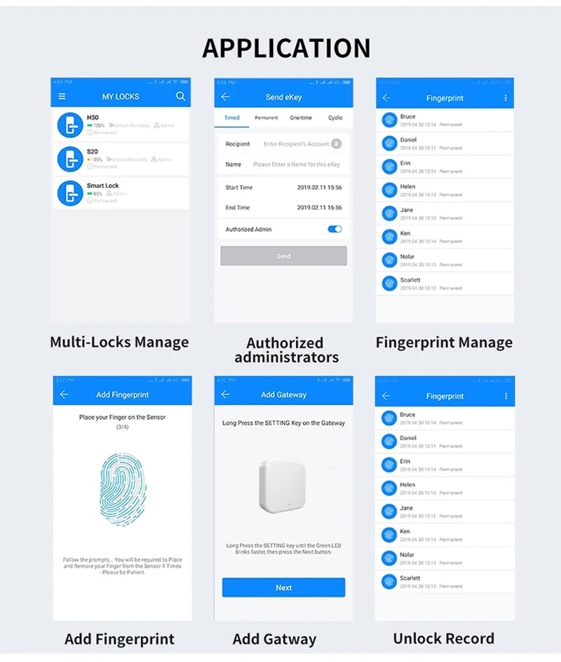 Six screenshots of a smart lock mobile app, showing lock management, digital keys, and fingerprint settings.