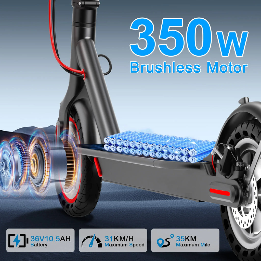 Black AOVOPRO electric scooter featuring 350W motor, 8.5-inch tires, and visible internal battery and motor graphics.