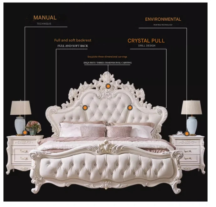 Luxury white princess bed with tufted headboard, crystal button details, and ornate hand-carved wooden frame.