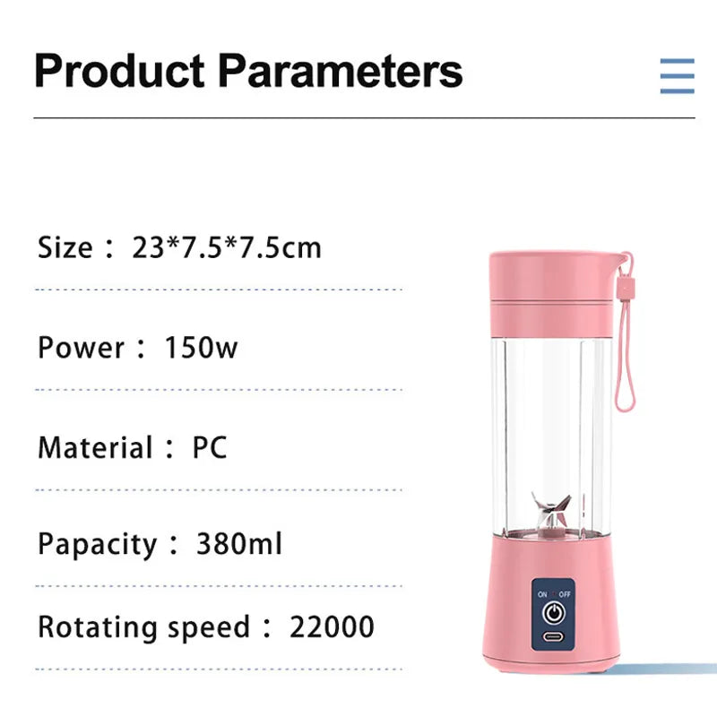 A portable, pink 380ml personal blender with a clear plastic cup, metal blades, and a power button on the base.