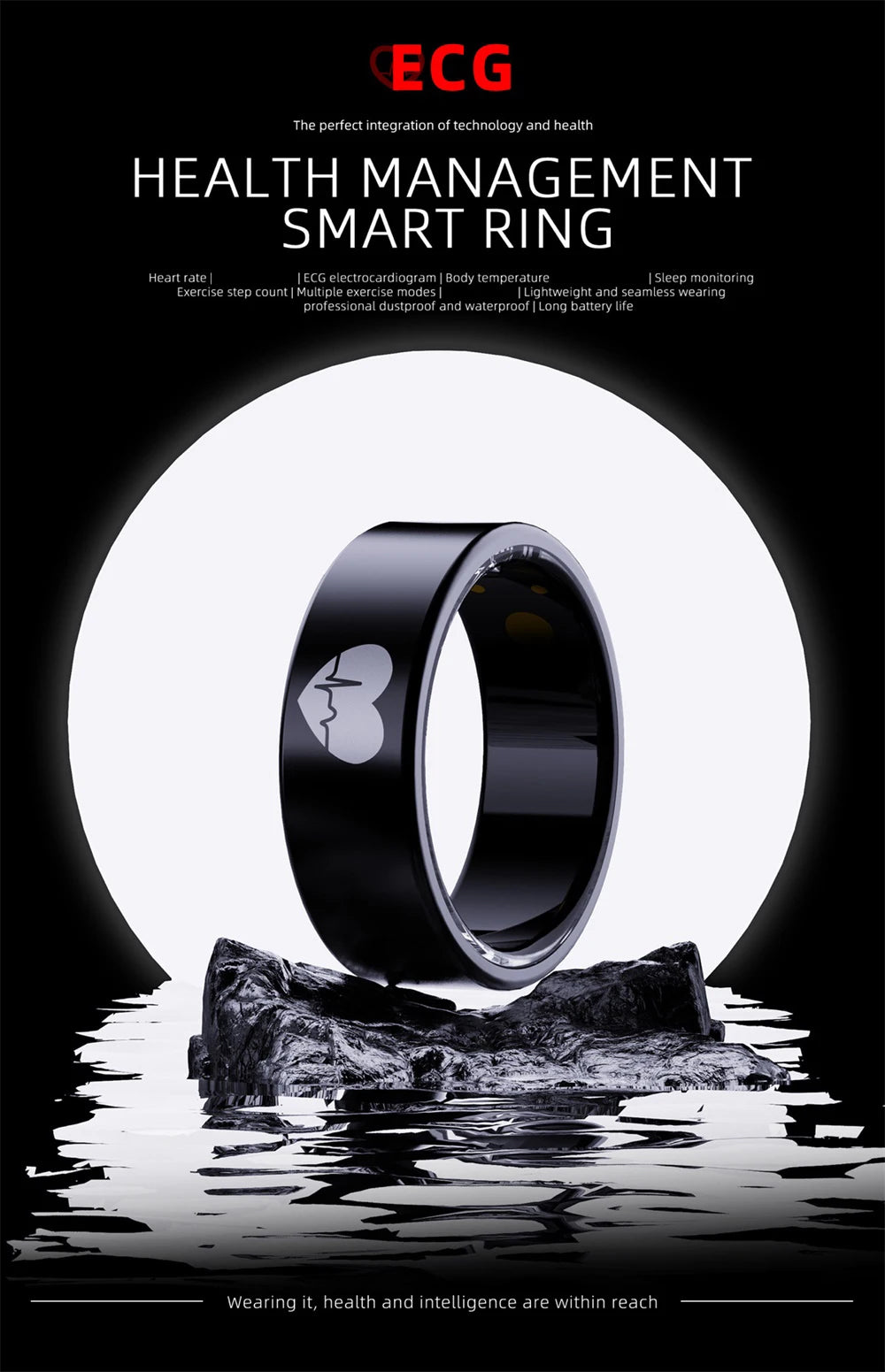 Sleek black smart health-tracking ring with a heart ECG icon, displayed against a backlit circular background.