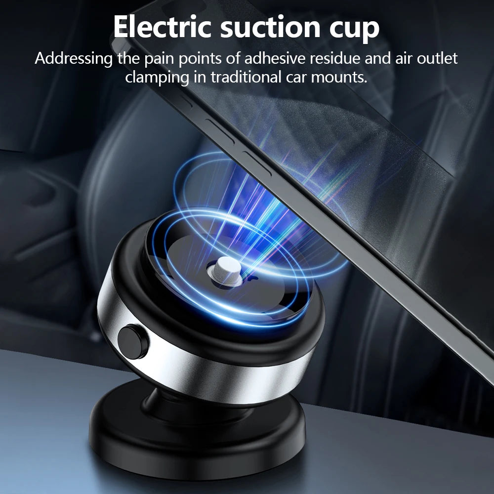 Black and silver electric car phone mount with a circular suction base holding a smartphone with blue light effects.