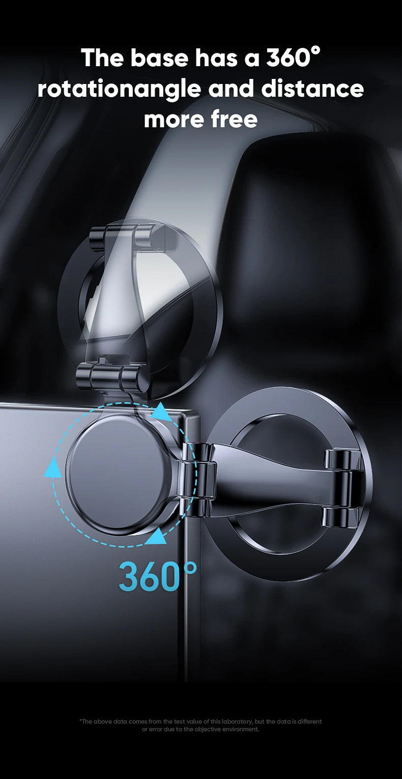 Black, sleek, metallic-style phone holder with a 360-degree rotating base for adjustable viewing angles.
