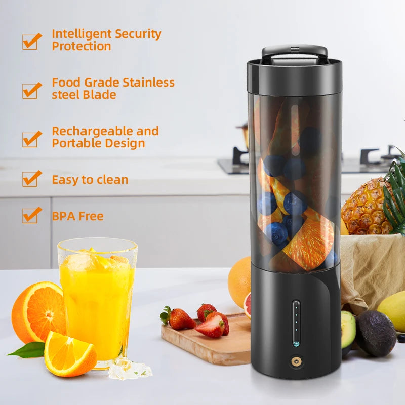 Black portable, rechargeable personal blender with a transparent container, next to a glass of orange juice.