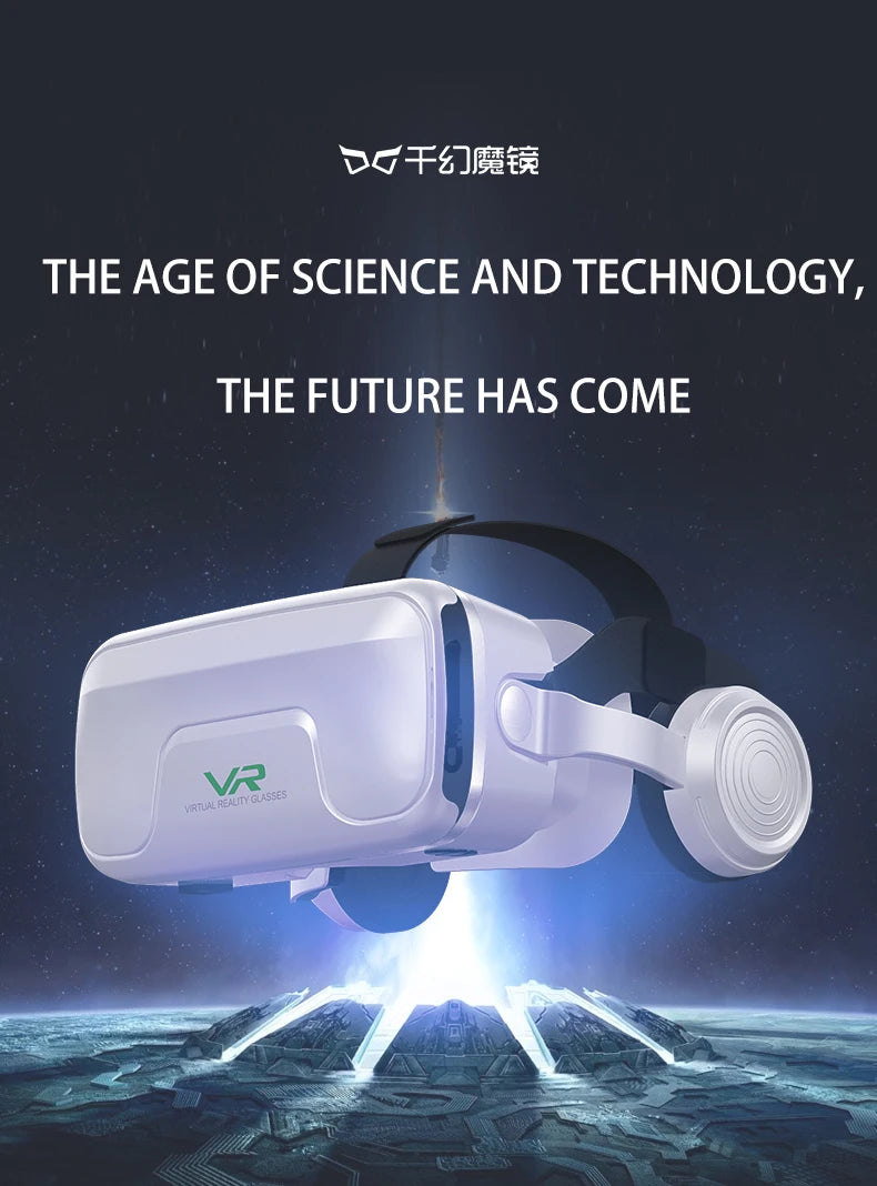 Sleek white virtual reality headset with integrated side headphones, set against a futuristic outer space background.