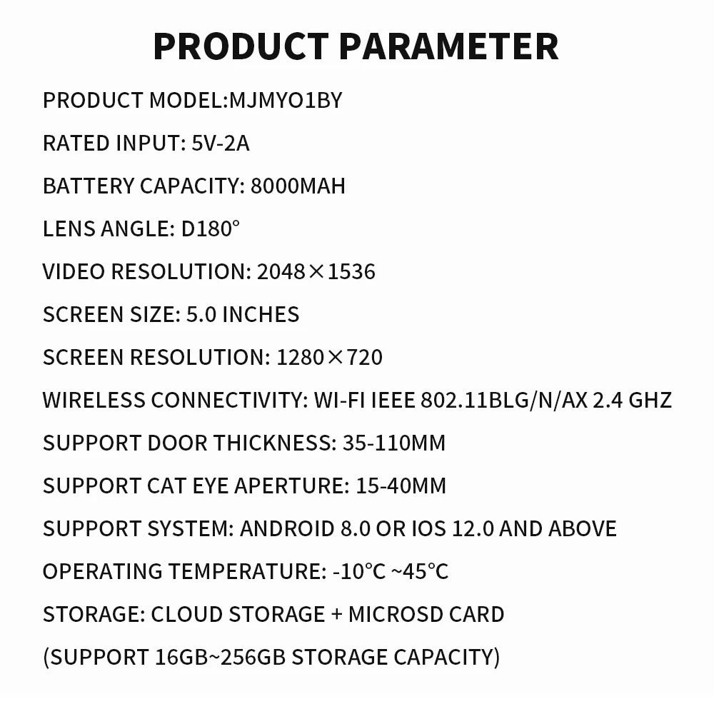 Black smart video doorbell with a 5-inch HD screen, wide-angle lens, and night vision capabilities.