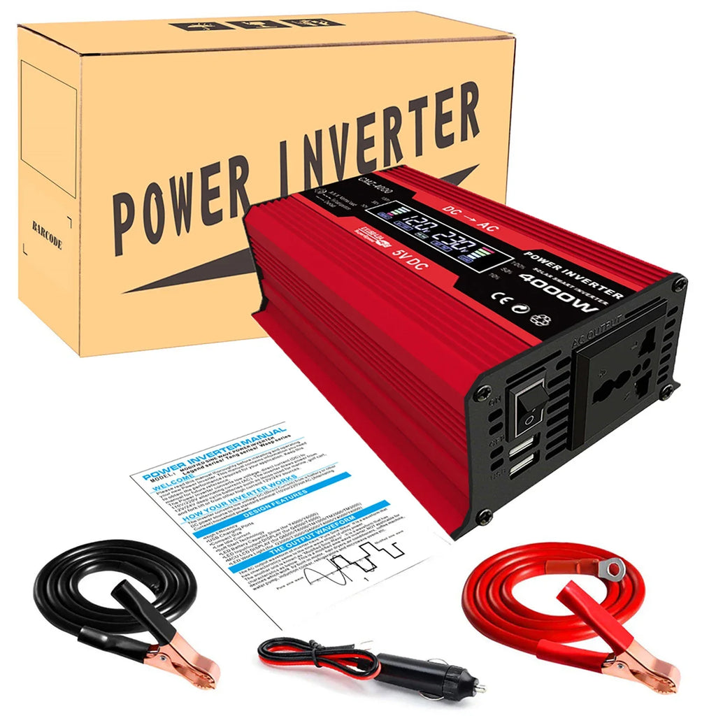 Red 4000W car power inverter with LCD display, cables, and manual, packaged in a cardboard box.