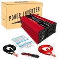 Red 4000W car power inverter with LCD display, cables, and manual, packaged in a cardboard box.
