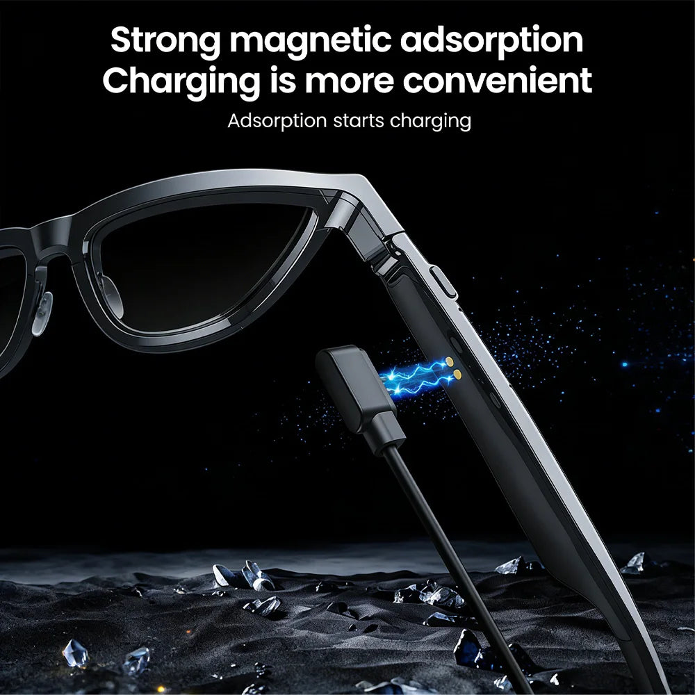 Black smart audio sunglasses being charged via a convenient magnetic connector on the side arm.
