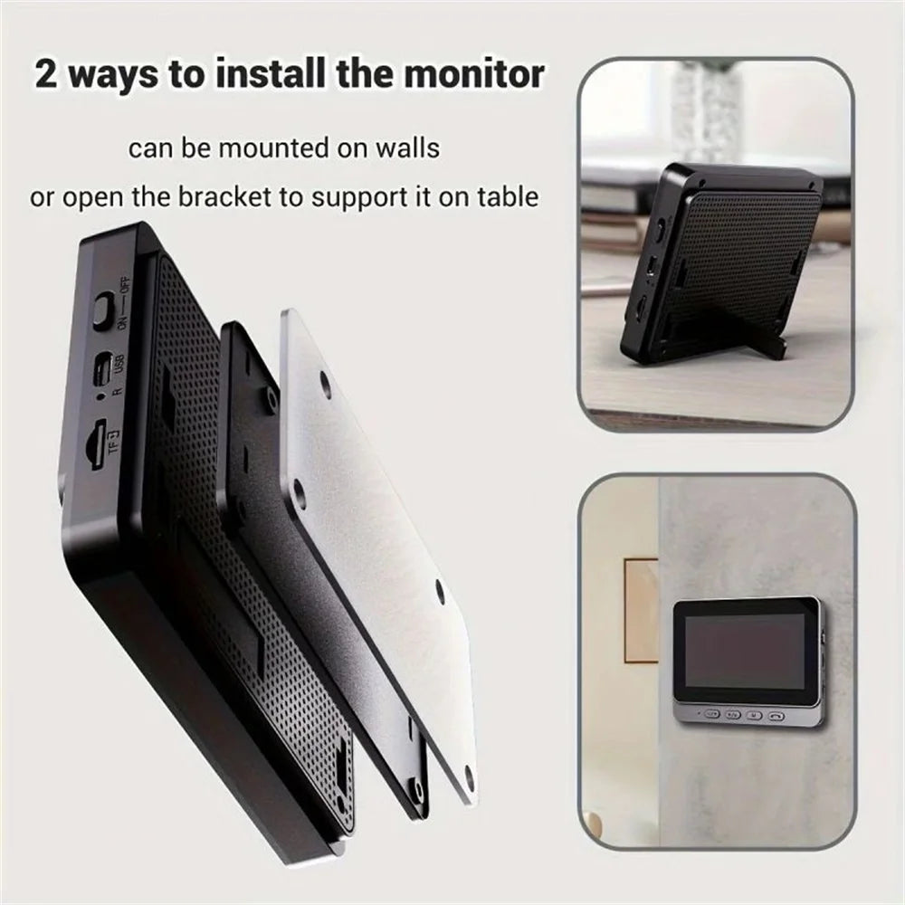 Black wireless video doorbell monitor shown with a versatile stand for wall mounting or tabletop use.