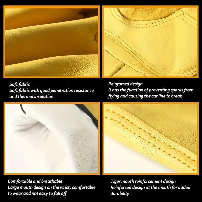 Close-up of yellow PU leather utility gloves featuring reinforced stitching, durable construction, and soft lining.