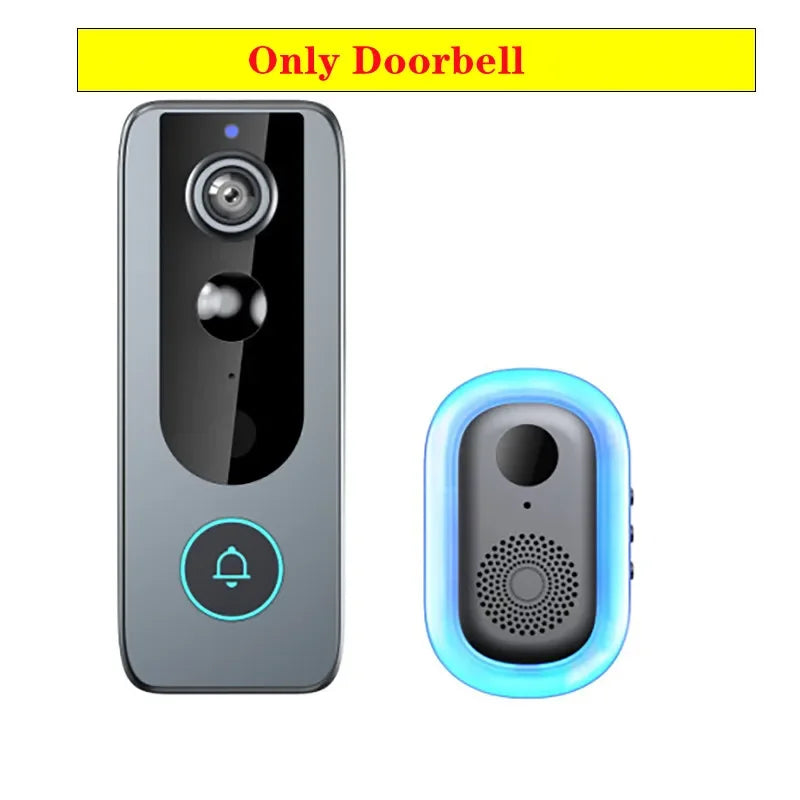 Grey smart video doorbell with integrated camera and an illuminated blue LED chime unit.