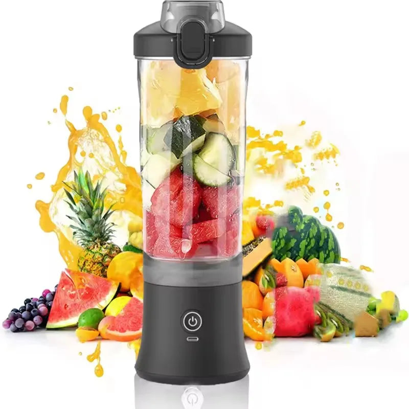 Portable blender with black base, clear cup filled with chopped fruit and vegetables, and a secure locking lid.