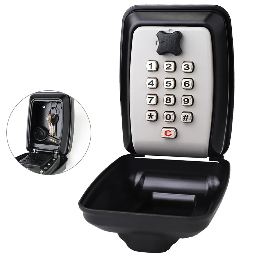 Black metal wall-mounted key lock box with a light gray numeric keypad and a hinged cover holding several keys.