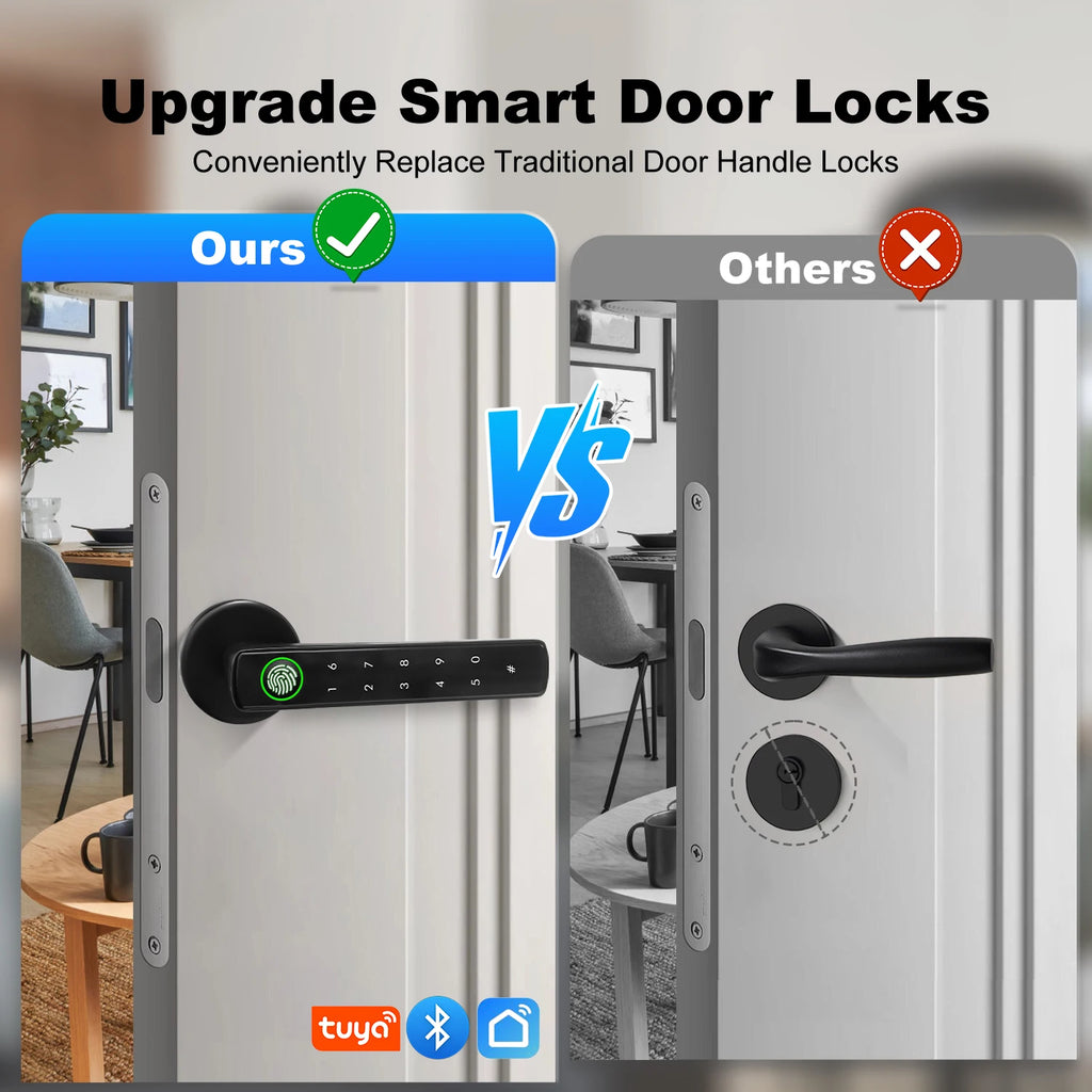 Black smart door lever lock with fingerprint scanner and digital keypad, compared to a standard keyed door handle.